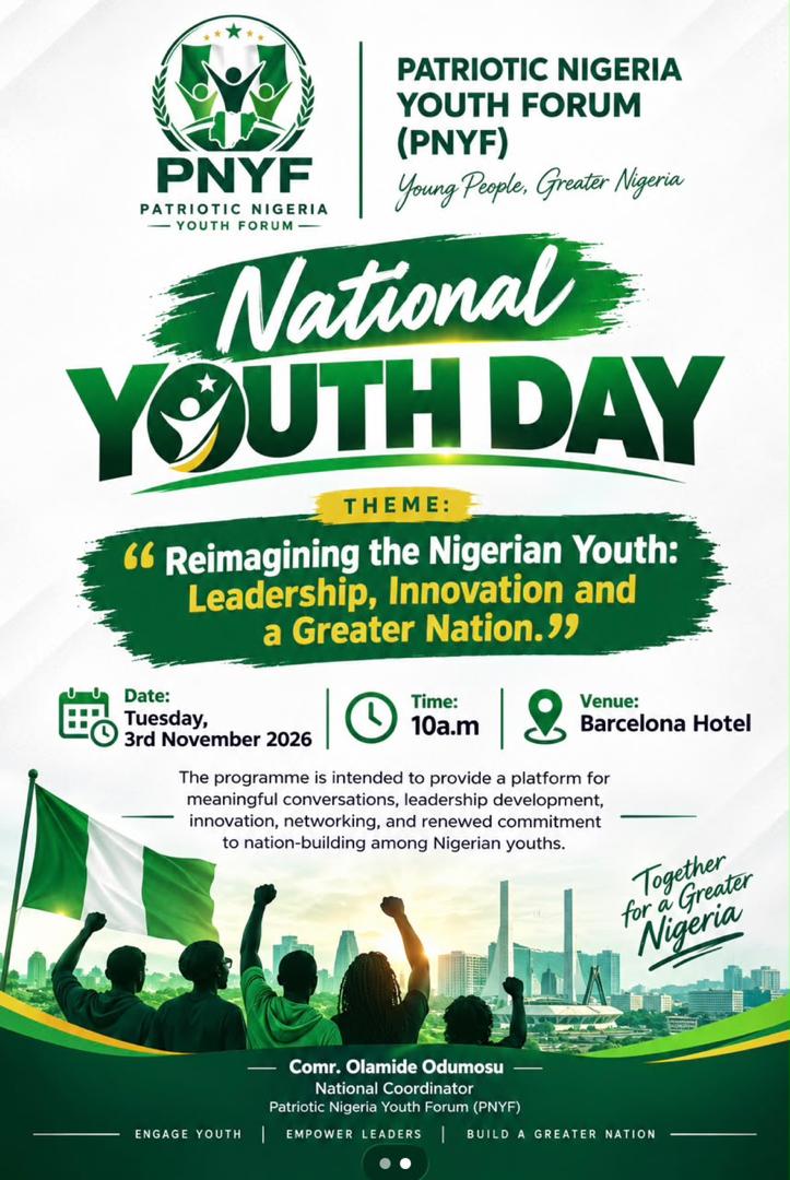 National Youth Day 2026 programme flyer: reimagining the Nigerian youth through leadership, innovation and a greater nation